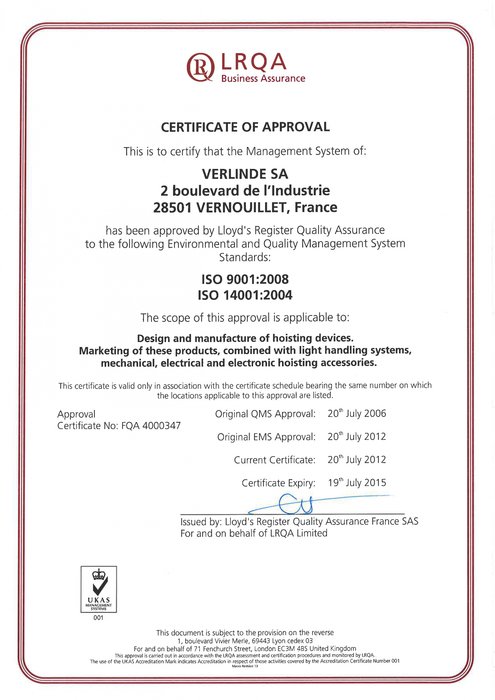 VERLINDE SA ist nach ISO 14001:2004 zertifiziert